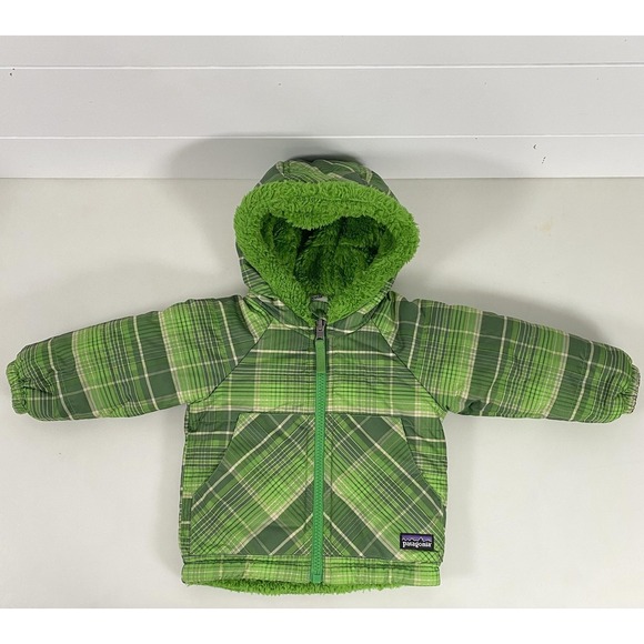 Patagonia Jacket Infant 6M Green Plaid Hooded Sherpa Fleece Lined Winter Outdoor - Picture 1 of 13